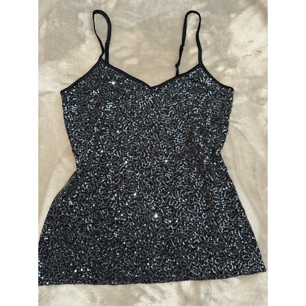 Y2K Express Black Silver Sequin V Neck Cami Spaghetti Strap Glam Club Tank VTG